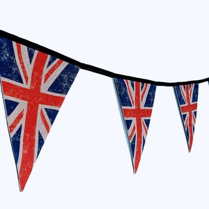 Union Jack bunting, UK flag garland, vintage style, handmade bunting, with navy backing, Royal celebration, King Charles III, 2.5m, 8 flags