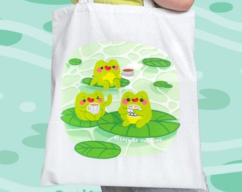 FROG PARTY Tote Bag // Kawaii Illustrated Cotton Shoulder Bag // Cute Lilypad Friends Hygge Tea Party
