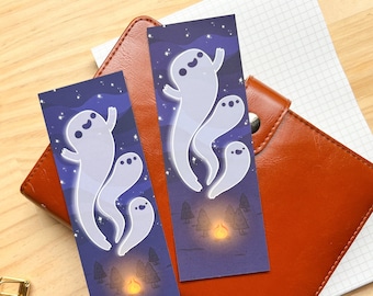 COSY GHOSTS BOOKMARK // Velvet-Finish 400gsm Booklover gift // Cottagecore Halloween art Campfire Ghost Lover // by Keeper of the Suns