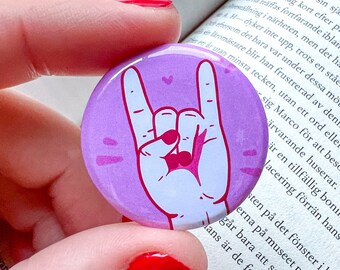 ROCK ON button badge // round circle pin // metal scene rock music lover pin // by Keeper of the Suns