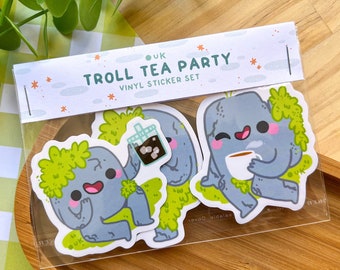 TROLL TEA PARTY Sticker Pack //  Kawaii Waterproof Glossy Vinyl Stickers // Scandinavian Folklore Creatures // Danish Hygge Cuteness