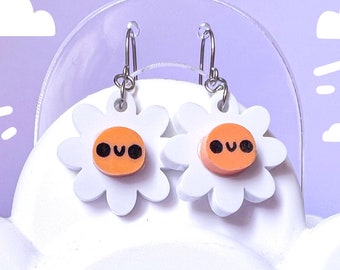 DAISY Dangle Earrings // Groovy Statement Acrylic Earrings // happy garden flower kawaii tiny face jewellery made by Keeper of the Suns