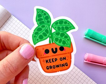 KEEP ON GROWING Clear Vinyl Sticker // Houseplant Soft Matte Vibrant Waterproof Kawaii Decal for Waterbottles, Windows, Laptops, & More!