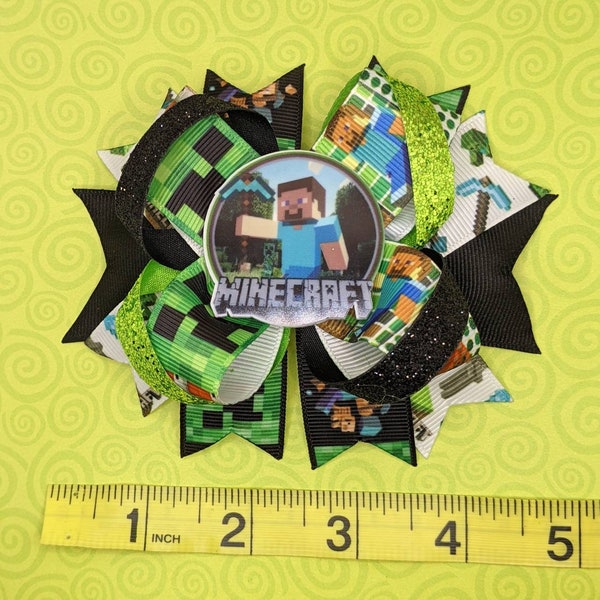 Minecraft 5" Layered Bow, Minecraft, video game, game, cute, toddler, adorable, gift, bday, birthday, present, gaming, gamer, streamer