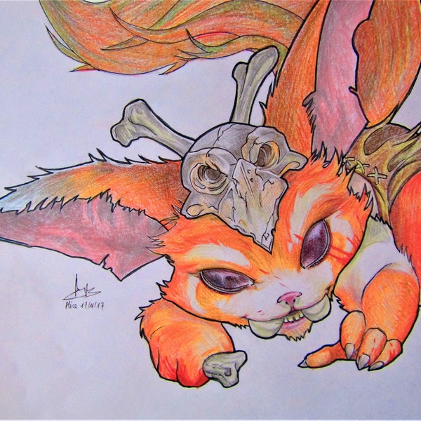 Gnar, League of Legends (original) - Portrait A4 aux crayons de couleur