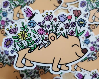 May include: A sticker of a cartoon hedgehog with a smiling face. The hedgehog is covered in colorful flowers, including pink, purple, yellow, and blue. There is a small butterfly on the hedgehog's back.