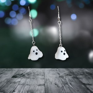 Halloween Ghost Dangle Earrings: Polymer Clay, Silver Hooks