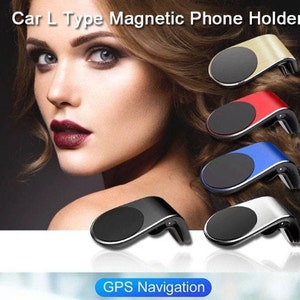 May include: Car phone holder with a magnetic base. The holder is shaped like an L and comes in five colors: gold, red, blue, silver, and black.