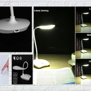 May include: A white desk lamp with a flexible neck and a touch-sensitive button on the base. The lamp has three brightness settings: low, middle, and high. The lamp is shown on a desk with a book and a cup.