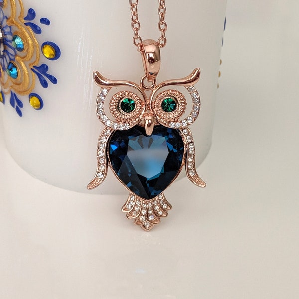 Blue Owl Crystal Necklace, Rose Gold Long Necklace, Necklace for Women, Heart shaped, Birthday gift,  Valentine's Day Gift for women