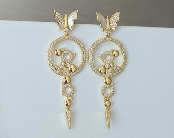 Gold White butterfly Earrings, Dangle, Statement long earrings, for women, Bridal, Gift for her