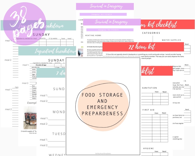 May include: A printable checklist for food storage and emergency preparedness. The checklist includes categories for water supplies, sanitation, first aid, and hygiene. The checklist is titled "72 hour kit" and includes a list of items to have on hand in case of an emergency.
