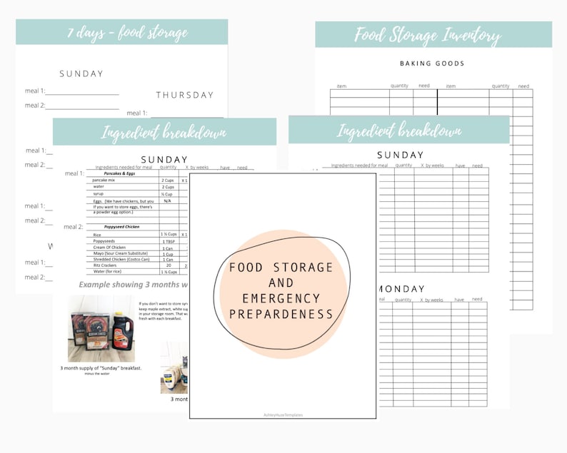 May include: A printable food storage and emergency preparedness checklist with sections for 7 days of meals, ingredient breakdowns, and a food storage inventory. The checklist includes a section for baking goods and a section for a 3-month supply of breakfast.