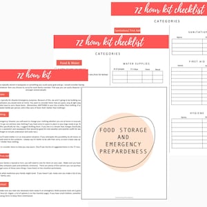 May include: A printable checklist for creating a 72-hour emergency preparedness kit. The checklist is divided into categories: Food & Water, Shelter/Clothing, Sanitation/First Aid, and Tools/Individual. The checklist includes a section for water supplies, first aid, sanitation, and hygiene. The checklist also includes a section for food storage and emergency preparedness.