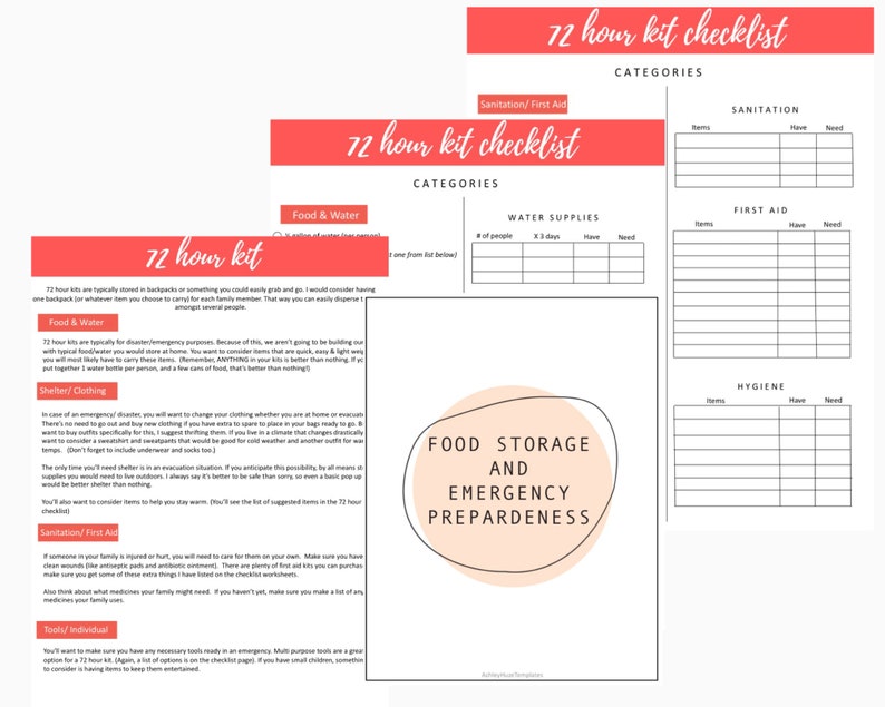 May include: A printable checklist for creating a 72-hour emergency preparedness kit. The checklist is divided into categories: Food & Water, Shelter/Clothing, Sanitation/First Aid, and Tools/Individual. The checklist includes a section for water supplies, first aid, sanitation, and hygiene. The checklist also includes a section for food storage and emergency preparedness.