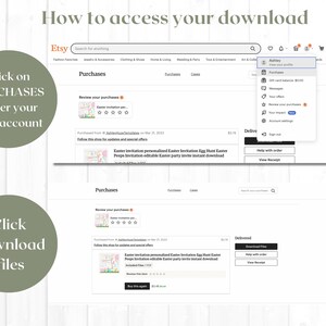 Peut inclure: Capture d'&eacute;cran d'un site Web Etsy montrant comment acc&eacute;der &agrave; un t&eacute;l&eacute;chargement num&eacute;rique. L'image montre un &eacute;cran d'ordinateur avec le site Web Etsy ouvert. L'utilisateur est connect&eacute; et a achet&eacute; un produit num&eacute;rique. L'image montre comment acc&eacute;der au t&eacute;l&eacute;chargement en cliquant sur l'onglet "Achats" dans le compte de l'utilisateur.