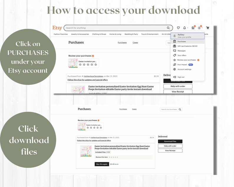 Peut inclure: Capture d'&eacute;cran d'un site Web Etsy montrant comment acc&eacute;der &agrave; un t&eacute;l&eacute;chargement num&eacute;rique. L'image montre un &eacute;cran d'ordinateur avec le site Web Etsy ouvert. L'utilisateur est connect&eacute; et a achet&eacute; un produit num&eacute;rique. L'image montre comment acc&eacute;der au t&eacute;l&eacute;chargement en cliquant sur l'onglet "Achats" dans le compte de l'utilisateur.