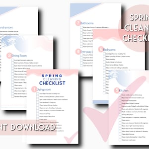 May include: A printable spring cleaning checklist with a pink and blue watercolor background. The checklist is divided into 8 sections: Laundry Room, Dining Room, Living Room, Kitchen, Bathrooms, Bedrooms, Entryway/Hallway, and Office. Each section has a list of cleaning tasks to complete.