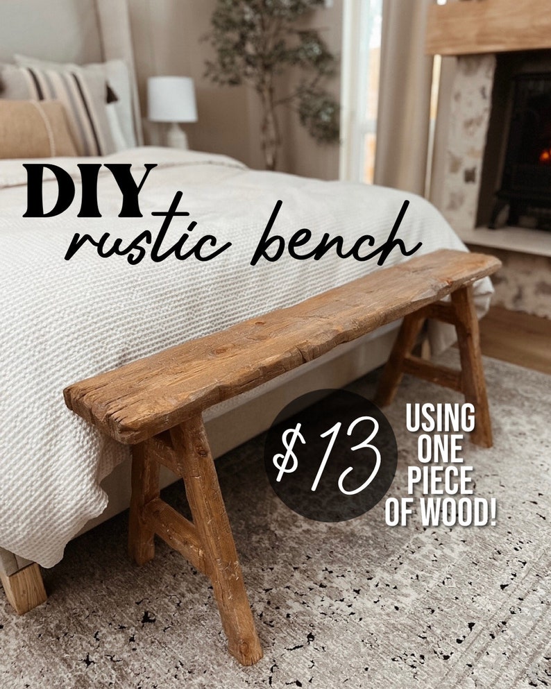 May include: DIY rustic bench made from one piece of wood. The bench is brown and has a simple design. The bench is sitting on a gray rug in front of a bed. The text "DIY rustic bench" and "$13 USING ONE PIECE OF WOOD!" is visible in the image.