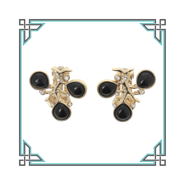 Vintage ORENA PARIS Black Cabochon and Rhinestone Earrings