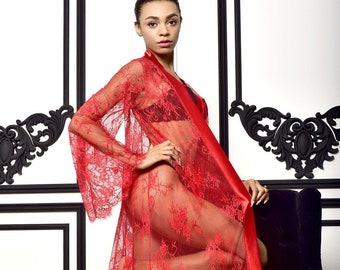 Sexy red bridal robe wedding night Long sheer boudoir robe Lace maxi kimono bride robe Floor length see through robe for women