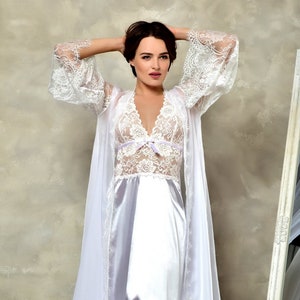 White bridal satin peignoir set Long lace robe and nightgown Bridal lingerie wedding night Bridal shower gift for daughter