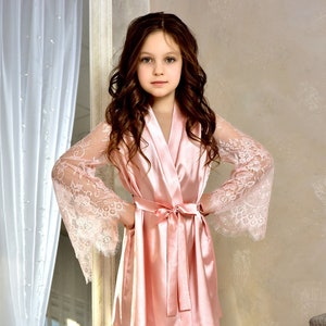 Blush Pink Junior Bridesmaid Satin Robe Flower Girl Kimono | Etsy