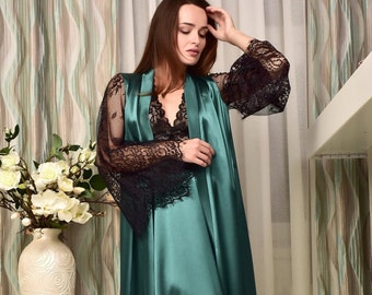 Dark green peignoir set Bridal kimono robe and nightgown Long bridal lace robe for women Wedding satin peignoir Christmas gift for bride