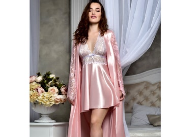 Blush pink bridal peignoir set Bridal lingerie wedding night Satin lace kimono bride robe and nightgown Bridal shower gift for sister
