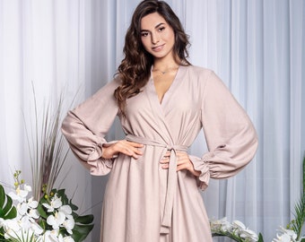 Beige viscose bridal robe for wedding day Long kimono robe for bride Soft viscose floor length bathrobe Maxi home wear women