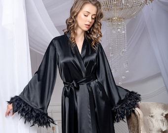 Black satin feather robe for photo shoot Long boudoir kimono robe for bride Bachelorette party dressing gown Concert robe with feather trim