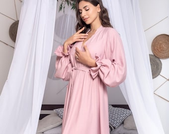 Pink viscose bridal robe for wedding day Long puff sleeved bridesmaid kimono robe Spa gownie women Floor length bathroberobes women