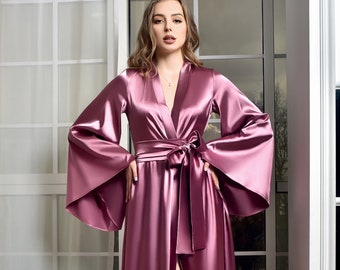 Bata larga de kimono rosa oscuro para mujer Bata de novia hasta el suelo Bata de novia de satén Bata de tocador para novia Regalos de cumpleaños para ella