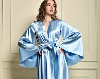 Long blue satin bridal robe Maxi kimono robe for bride Floor length dressing gown Bachelorette party robes for women Long bridesmaid robe