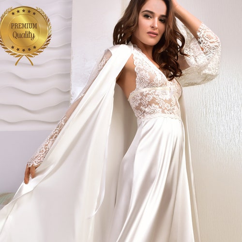White Long Bridal Robe and Nightgown Set Satin Lace Peignoir - Etsy UK