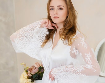 Bride robe Wedding robe for bride Bridal kimono robe Bridal robe Kimono dressing gown women Bridal party robe Satin dressing gown Lace robe