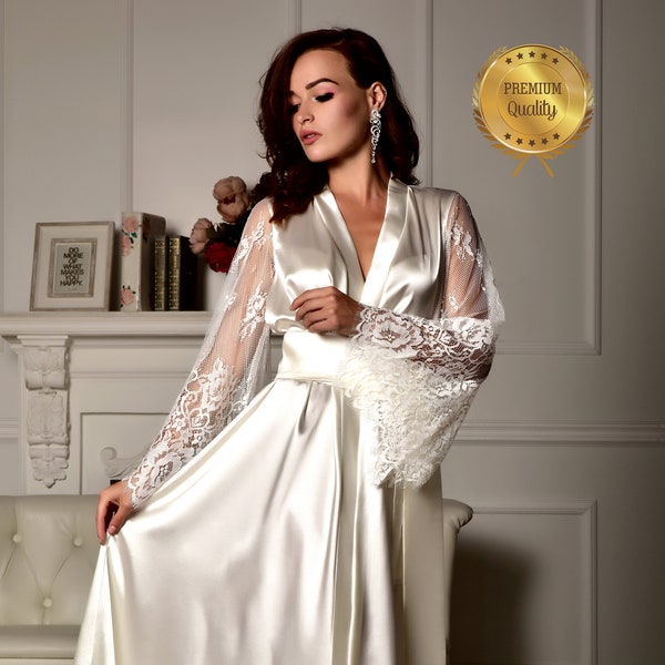 Long lace bridal robe Wedding kimono Long bridal robe Kimono robe Bridal dressing gown Maxi robe Kimono long Bride robe Bridal kimono
