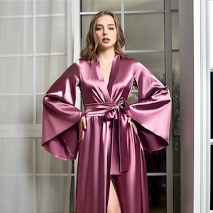 Long Dark Pink Kimono Robe for Women Floor Length Bride Robe Satin ...