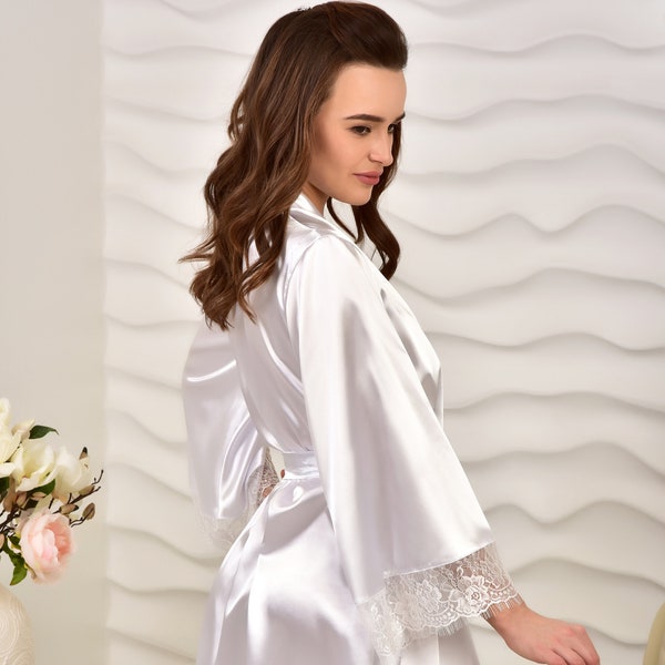 Satin robe White lace robe Bridal robe Bridesmaid robe Kimono robe Wedding robe Bridal party robes