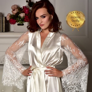 Ivory Kimono robe wedding Gift for daughter Bridal party Robe with lace sleeves Bridal robe Satin robe Bridesmaid robe Lace gown women