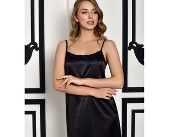 Black satin nightdress Sexy sleep peignoir women Sleepwear women Bridal lingerie wedding night Bridal shower gift for sister