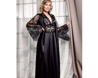 Black satin peignoir set Bridal lingerie wedding night Long nightgown and robe set Floor length kimono robe Christmas gift for wife