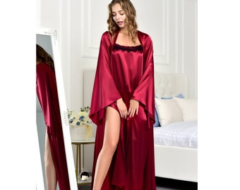 Satin bridal kimono robe and slip nightgown Wedding night lingerie for bride