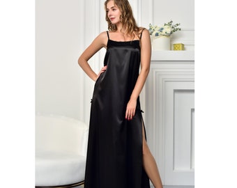 Satin Nachtwäsche Frauen Schwarzes langes Nachthemd Flitterwochen Dessous für Braut Langes Beleg Nachthemd Schwarzes Hochzeitsnacht peignoir Sexy Geschenk für sie