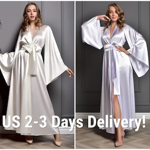 2-3 days delivery in US Long Bride Robe Ivory and White maxi satin robes bridal kimono shower gift image 1