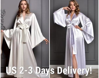 2-3 days delivery in US! Long Bride Robe Ivory and White maxi satin robes bridal kimono shower gift