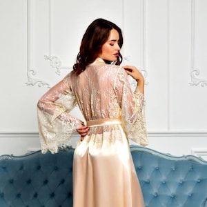 Long beige bridal robe Lace back kimono robe Bridal shower gift for daughter Satin lace maxi dressing gown Long robes for women