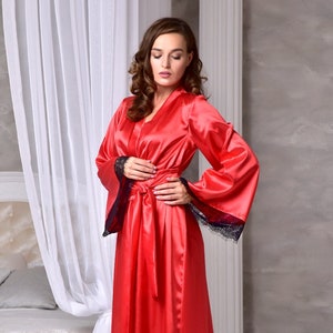 Red Long Bridal Robe With Lace Birthday Gift for Her Kimono Bride Robe ...