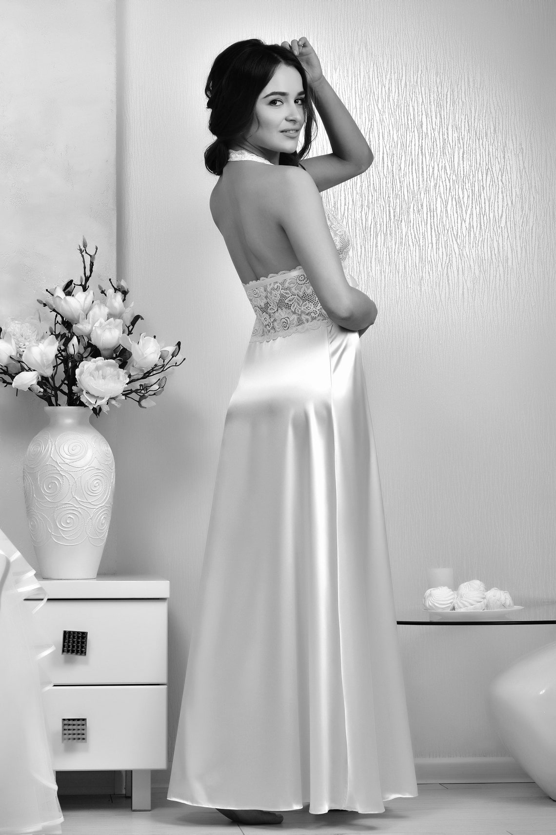 White Honeymoon Lingerie Bridal Satin Lace Nightgown Wedding Etsy
