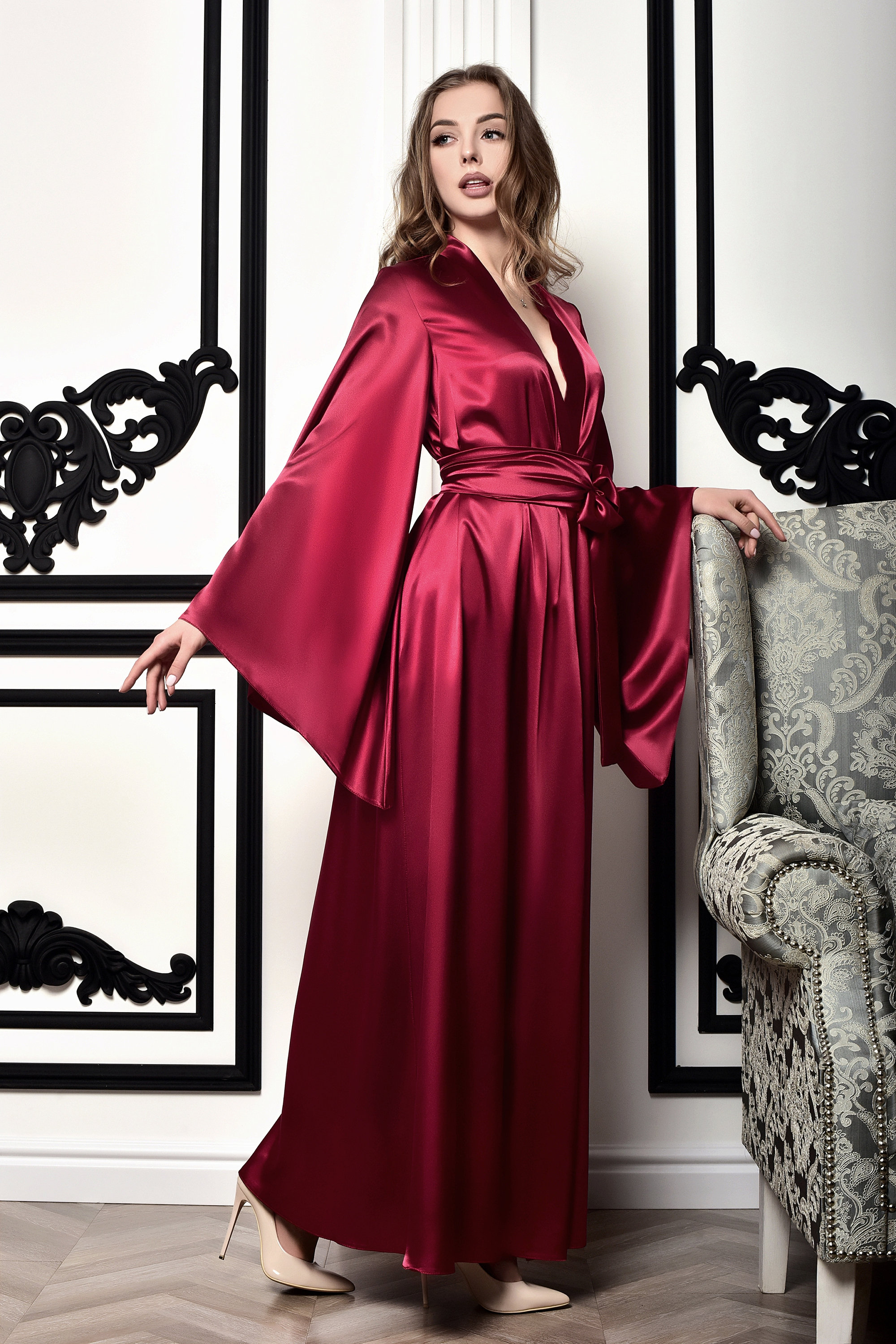 Long Satin Kimono Robe Bridesmaid Gifts Burgundy Boudoir Robe for ...